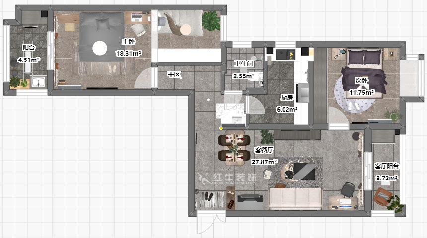 仇美蓉｜御道嘉庭1-1-704-90㎡-简约风格｜2室2厅1卫｜新房装修｜定制家￥120137｜全包12万｜00_03彩平图